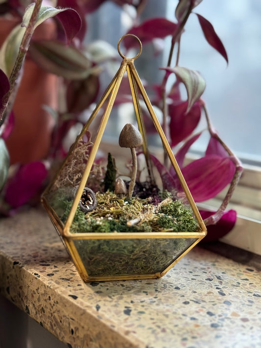 Gold Prism Terrarium with Brown Mushrooms