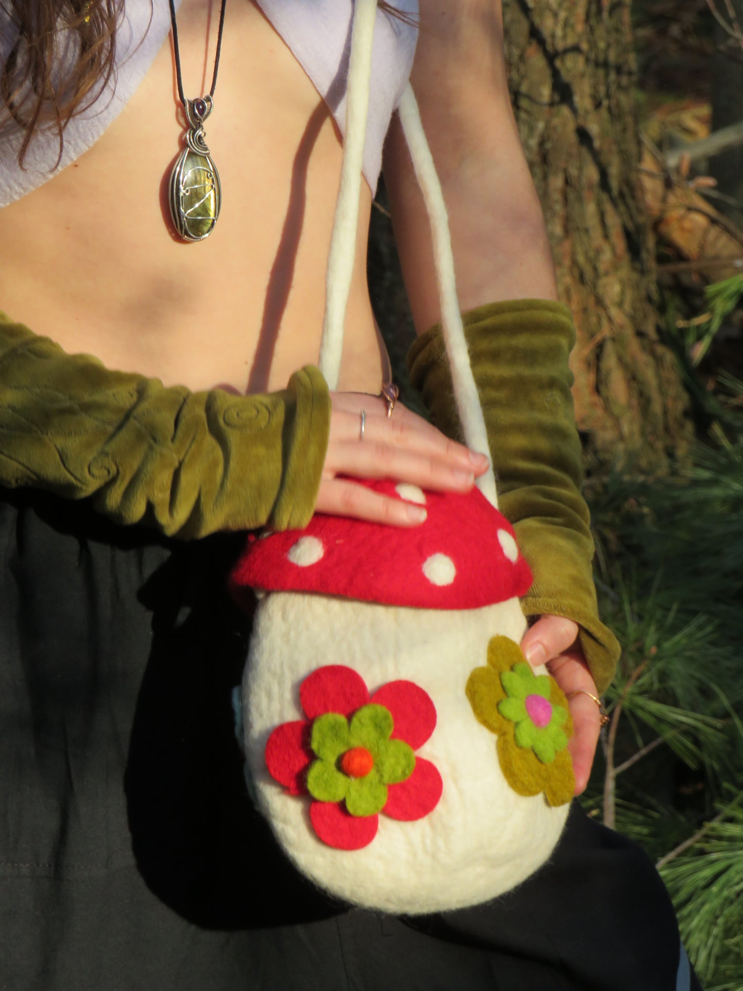 Whimsical Felt Mushroom Shoulder Bag – Handmade Fairycore Cottage Purse with Flower Details
